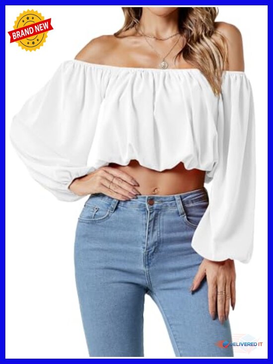 Tops - Off Shoulder Crop Top Ruched Puff Long Sleeve Blouse